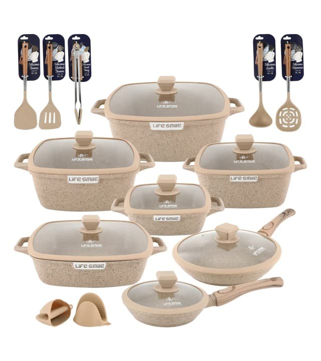 19 Pcs Square Non-Stick Granite Coated Complete Cookware Set with Glass Lids, Removable Handles & Kitchen Tools